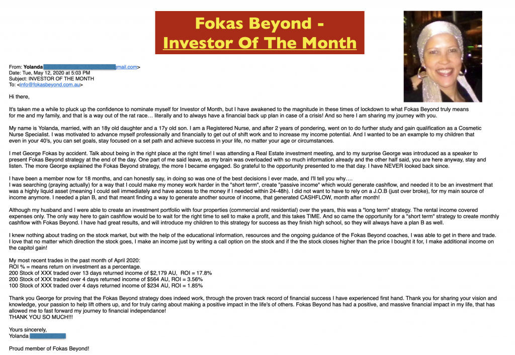 Yolanda, Fokas Beyond's Investor of the Month - Testimonials and Review